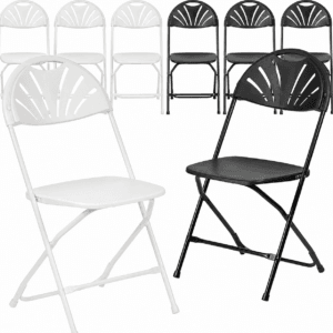 White and black fan-back folding chairs available for rental